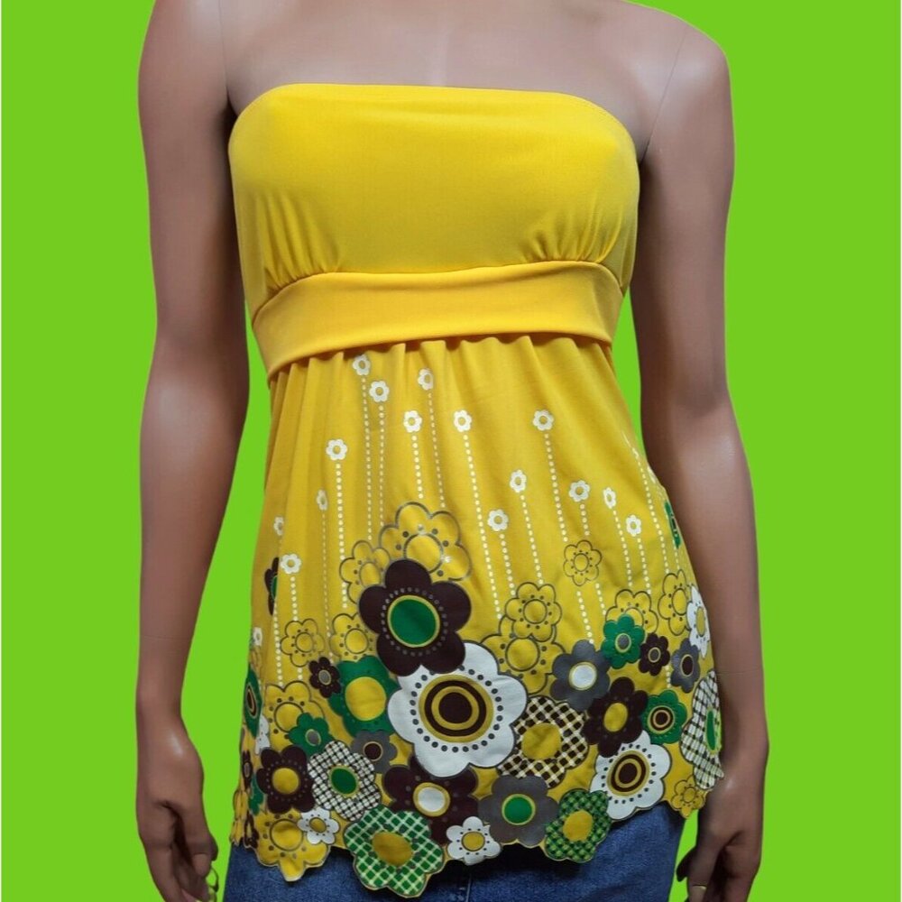 Y2K Babydoll Yellow Funky Floral Top Strapless Tie Back Fairy Mod